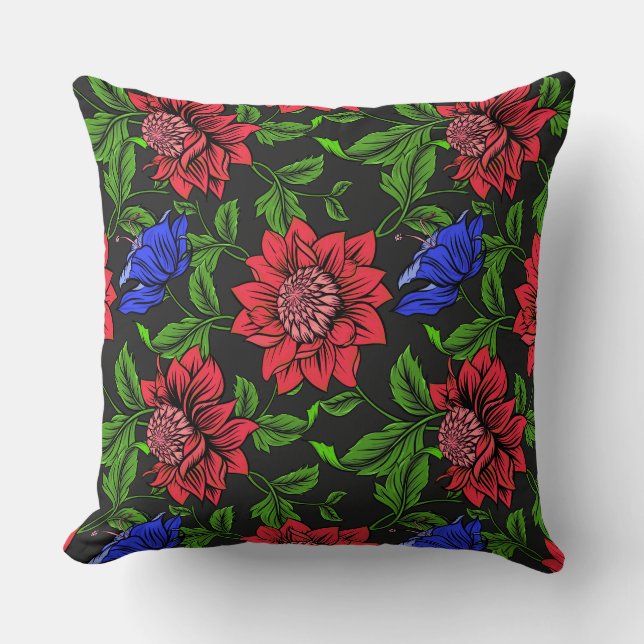 Elegant Red Blue Flower Black Background Throw Pillow (Front)