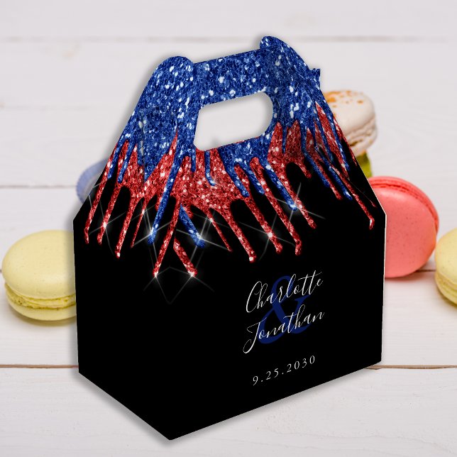 Elegant Red Blue Glitter Drips Patriotic Wedding  Favor Box (Creator Uploaded)