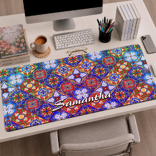 Elegant Red Blue Purple Mexican Talavera Tiles Desk Mat