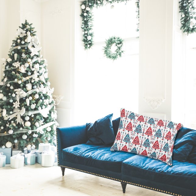 Elegant Red Blue Scandinavian Christmas Tree Accent Pillow (Creator Uploaded)