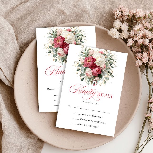 Elegant Red Blush Boho Wedding RSVP Card (Elegant Red Blush Boho Wedding RSVP Card)