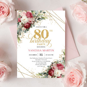 Elegant Red Blush Floral 80th Birthday Invite