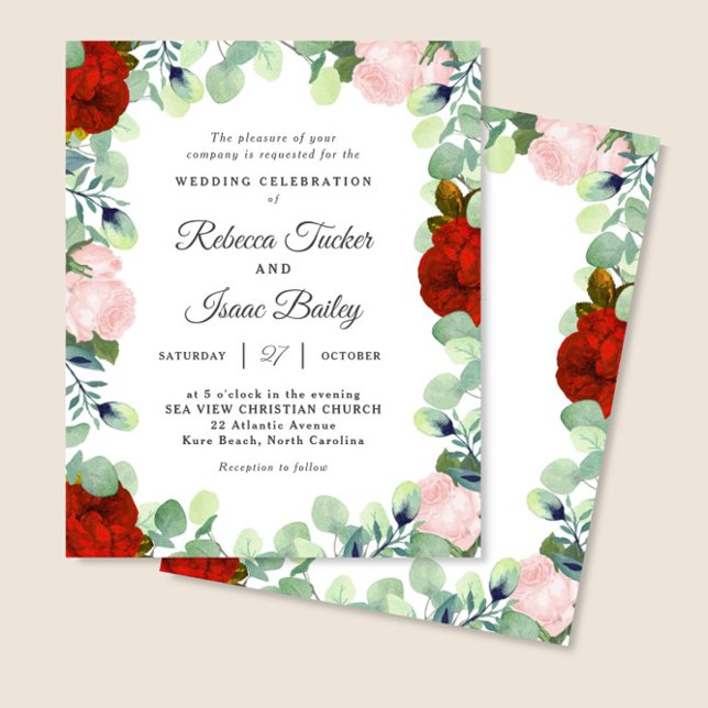 Elegant Red Blush Rose Greenery Wedding Invitation (Creator Uploaded)