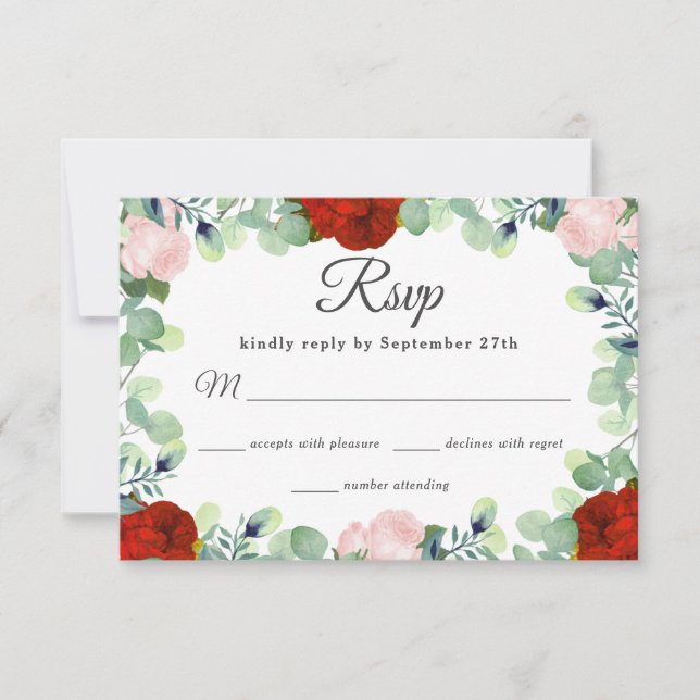 Elegant Red Blush Roses Greenery Wedding RSVP Card (Front)