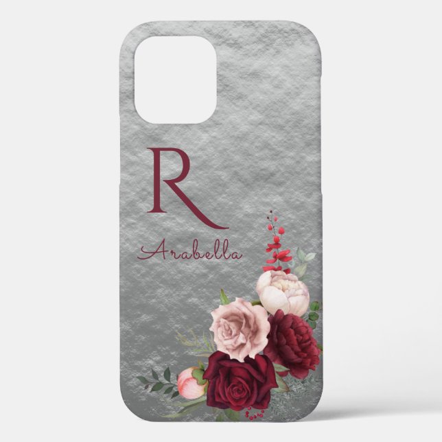 Elegant Red Blush Roses with Monogram on Grey  Case-Mate iPhone Case (Back)