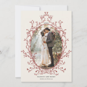 Elegant Red Botanical Frame Married & Merry Photo  Holiday Card