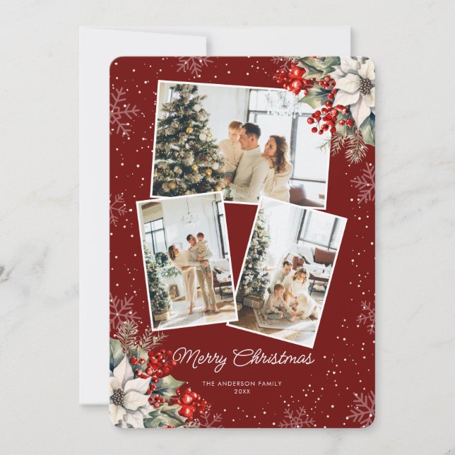 Elegant Red Botanical Photo Christmas Card (Front)