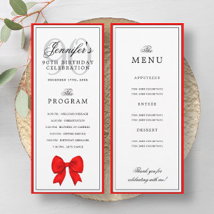 Elegant Red Bow 90th Birthday Program + Menu 