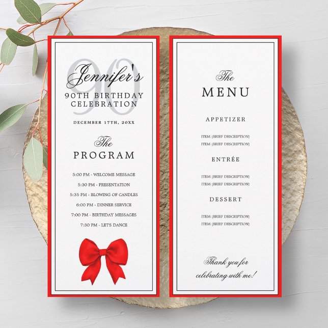 Elegant Red Bow 90th Birthday Program + Menu  (Elegant Red Bow 90th Birthday Program + Menu)