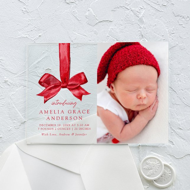 Elegant Red Bow Acrylic Holiday Birth Announcement (Creator Uploaded)