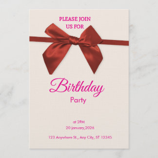 Elegant Red Bow Birthday Invitation 