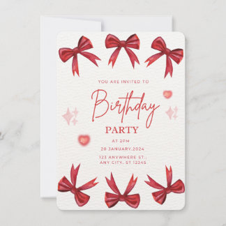 Elegant Red Bow Birthday Party Invitation 