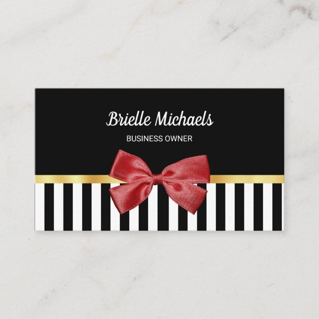 Elegant Red Bow Black and White Stripes With Gold Business Card (Front)