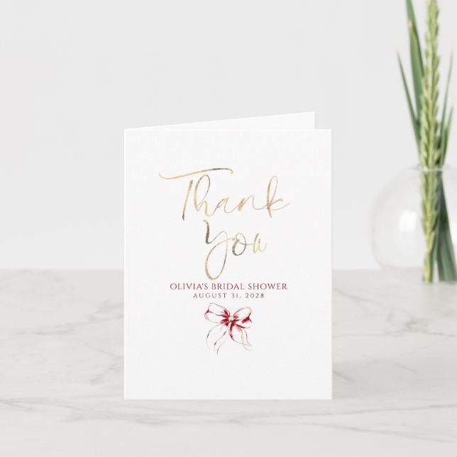 Elegant Red Bow Bridal Shower Thank You Card (Front)