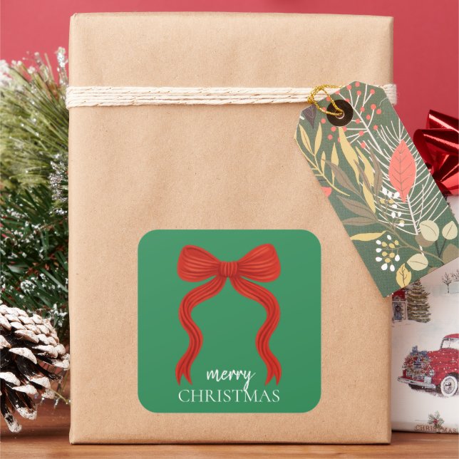 Elegant Red Bow Christmas Party -  Square Sticker (Holiday)
