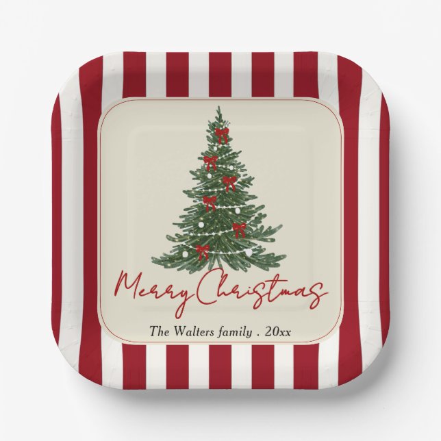 Elegant Red Bow Christmas Tree Party Paper Plates (Front)