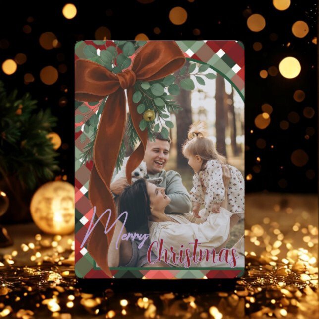 Elegant Red Bow Christmas Two Photo Holiday Card (Creator Uploaded)