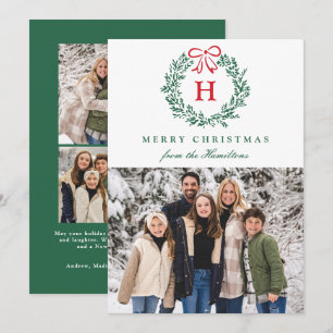 Elegant Red Bow Christmas Wreath Monogram 4 Photo Holiday Card