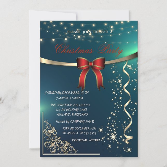 Elegant Red Bow,Confetti Green Company Christmas Invitation (Front)