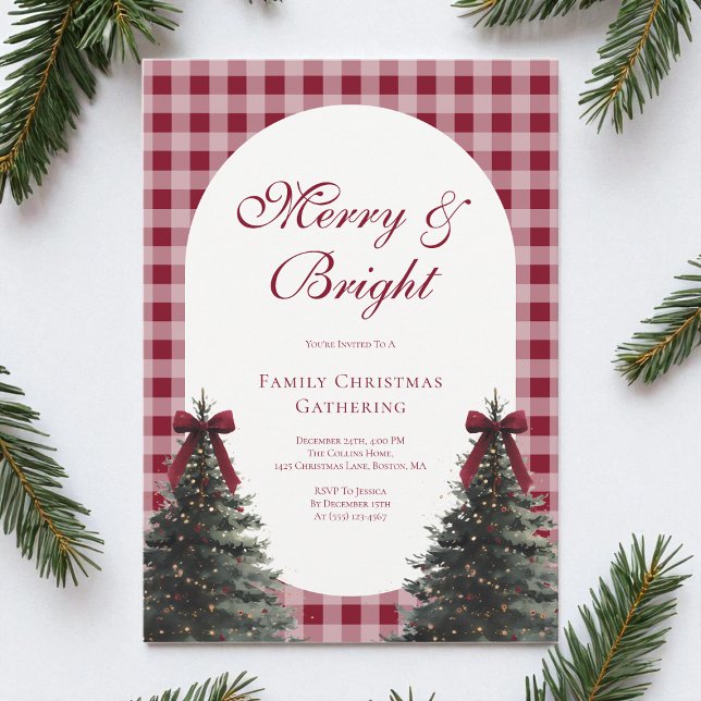 Elegant Red Bow Gingham Family Christmas Party Invitation (Elegant Red Bow Gingham Family Christmas Party Invitation)