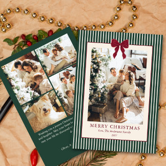 Elegant Red Bow Green Stripes Christmas 5 Photo Holiday Card