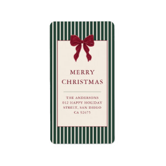 Elegant Red Bow Green Stripes Christmas Address Label