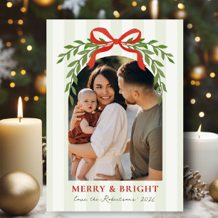 Elegant Red Bow Greenery Arch 1 Photo Christmas Holiday Card