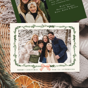 Elegant Red Bow Greenery Garland Cream 2 Photo Holiday Card