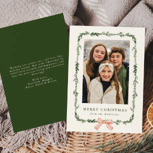 Elegant Red Bow Greenery Garland Cream Photo Holiday Card