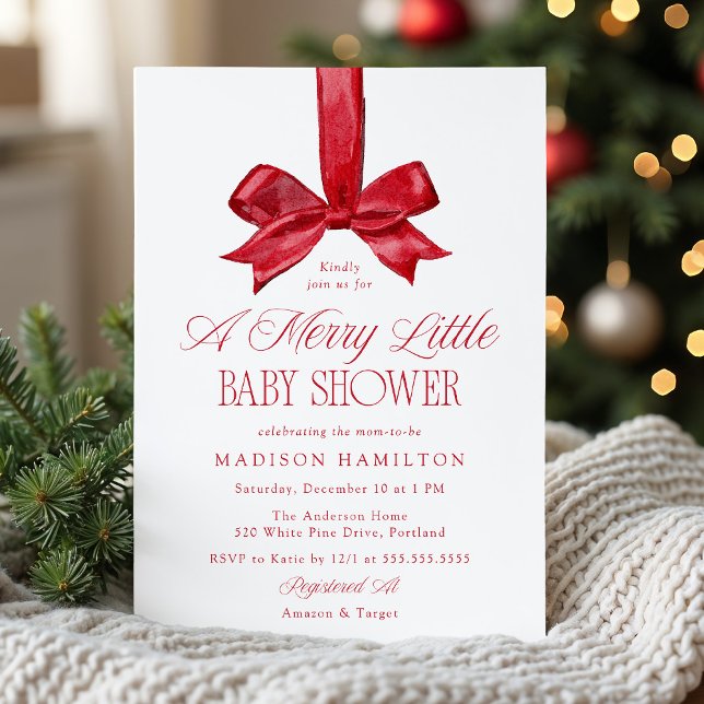 Elegant Red Bow Merry Little Christmas Baby Shower Invitation (Creator Uploaded)
