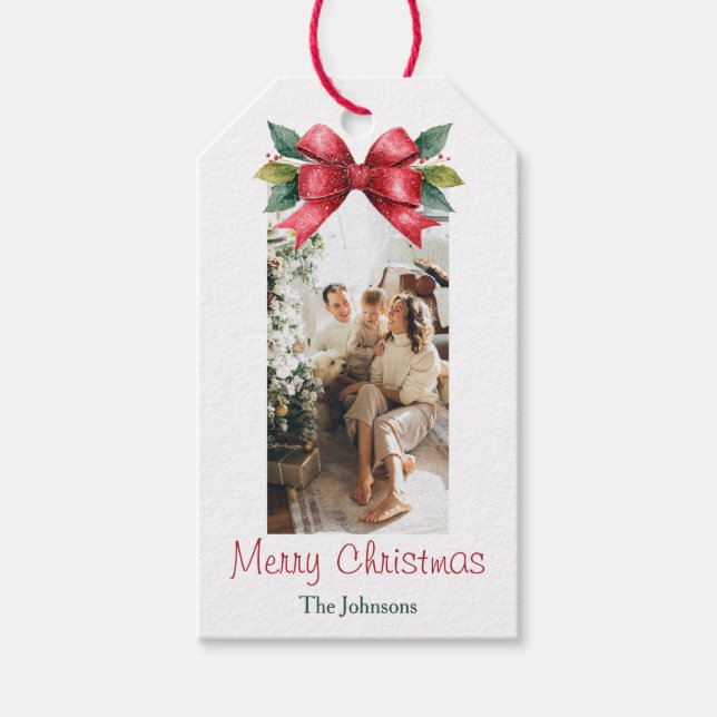 Elegant Red Bow Personalized Christmas Gift Tag (Front)