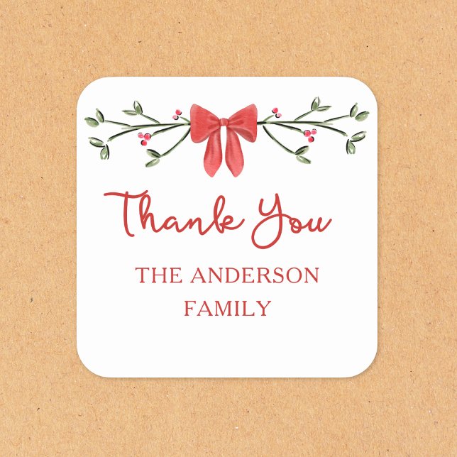 Elegant Red Bow Personalized Christmas Thank You Square Sticker (Creator Uploaded)