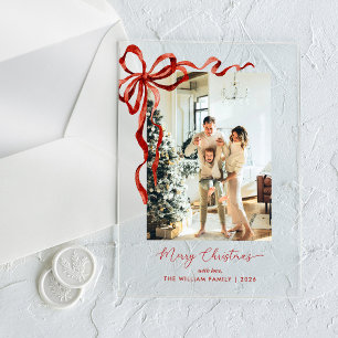 Elegant Red Bow Photo Acrylic Christmas Card Invitations