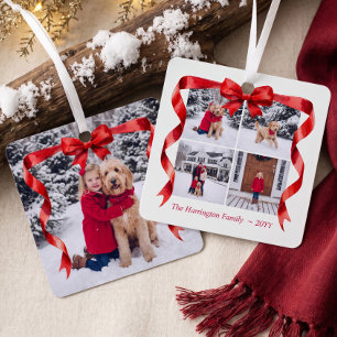 Elegant Red Bow Photo Collage Family Christmas Metal Ornament