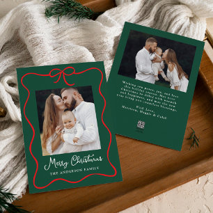 Elegant Red Bow Ribbon Green 2 Photo Holiday Card
