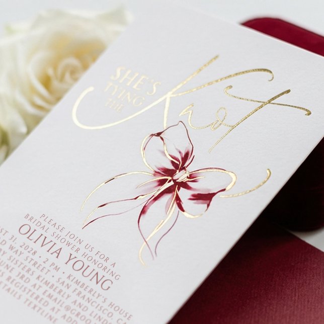 Elegant Red Bow She's Tying The Knot Bridal Shower (Red Bow Bridal Shower Gold Foil Invitation)