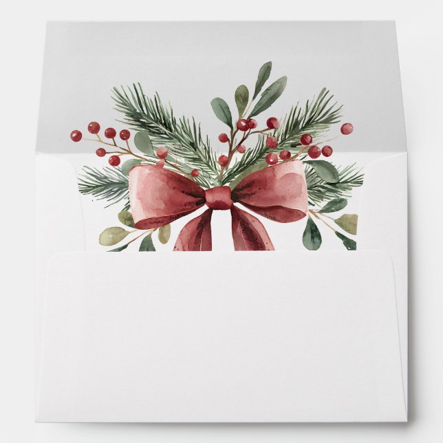Elegant Red Bow Watercolor Green Modern Christmas Envelope (Back (Bottom))