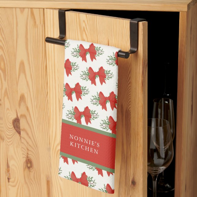 Elegant Red Bow with greenery Monogram Name Kitchen Towel (Thirds Fold)