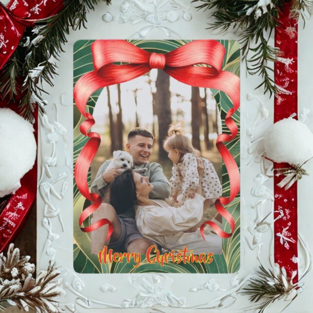 Elegant Red Bow with Greenery Photo Christmas Holiday Card (Creator Uploaded)
