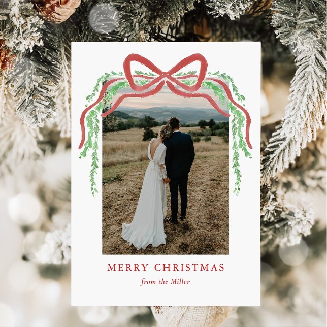 Elegant Red Bow with Greenery Photo Christmas Holiday Card (Creator Uploaded)