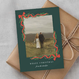 Elegant Red Bow with Greenery Photo Christmas Holiday Card