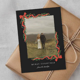 Elegant Red Bow with Greenery Photo Christmas Holiday Card