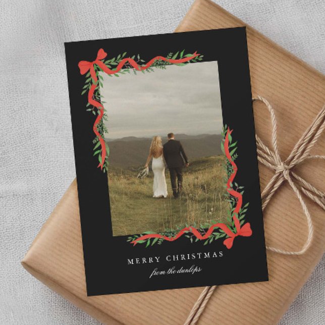 Elegant Red Bow with Greenery Photo Christmas Holiday Card (Elegant red ribbon bows with greenery photo Christmas holiday cards.)