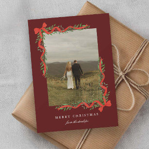 Elegant Red Bow with Greenery Photo Christmas Holiday Card