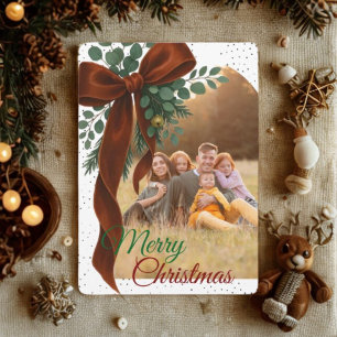 Elegant Red Bow with Greenery Photo Christmas Holiday Postcard