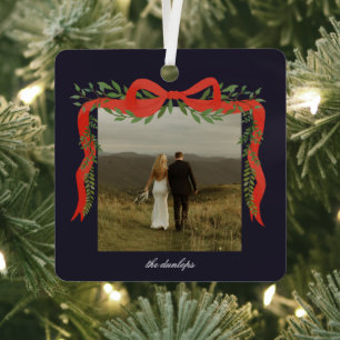 Elegant Red Bow with Greenery Photo Christmas Metal Ornament