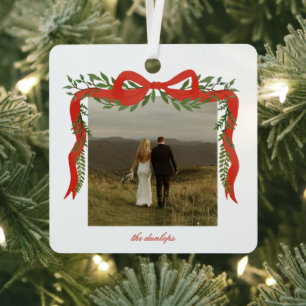 Elegant Red Bow with Greenery Photo Christmas Metal Ornament