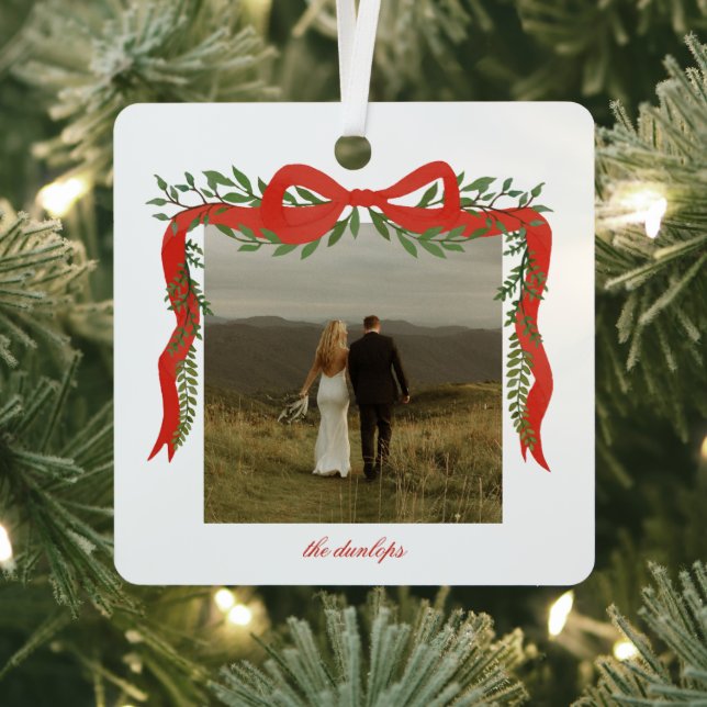 Elegant Red Bow with Greenery Photo Christmas Metal Ornament (Insitu)