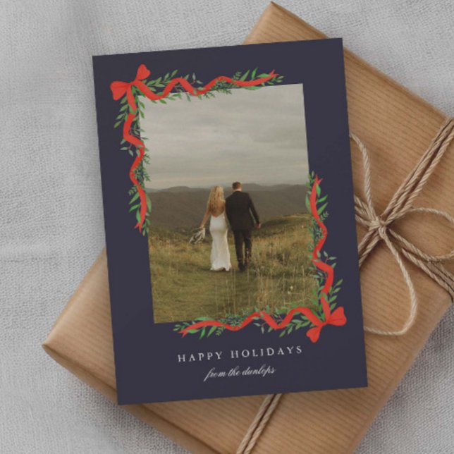 Elegant Red Bow with Greenery Photo Holiday Card (Elegant red ribbon bows with greenery photo Holiday Cards.)