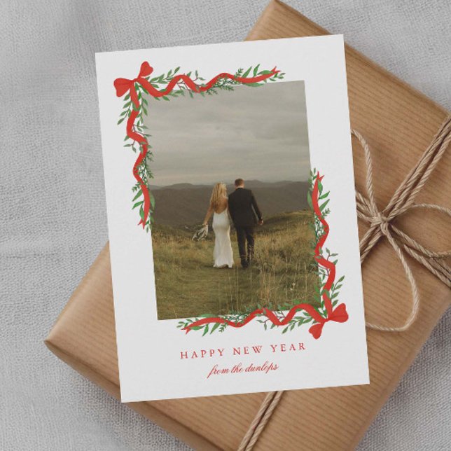 Elegant Red Bow with Greenery Photo New Year Holiday Card (Elegant red ribbon bows with greenery photo new year holiday cards.)